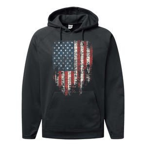 Distressed USA Flag, Patriotic American Flag Performance Fleece Hoodie