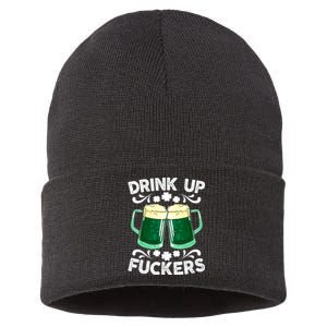 Drink Up Fuckers Funny St Patricks Day Beer Lover Bitches Sustainable Knit Beanie