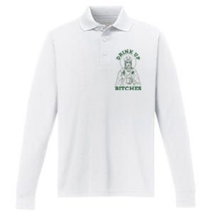 Drink Up Funny Bitches St Patrick's Day Funny Irish Shamrocks Performance Long Sleeve Polo