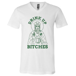 Drink Up Funny Bitches St Patrick's Day Funny Irish Shamrocks V-Neck T-Shirt