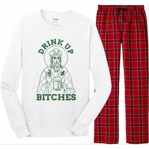 Drink Up Funny Bitches St Patrick's Day Funny Irish Shamrocks Long Sleeve Pajama Set