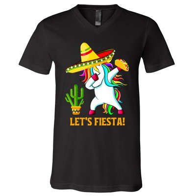 Dabbing Unicorn Funny Cinco De Mayo Girl Lets Fiesta V-Neck T-Shirt