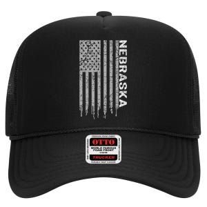 Distressed Usa Flag Patriotic American From Nebraska High Crown Mesh Back Trucker Hat