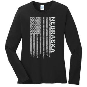 Distressed Usa Flag Patriotic American From Nebraska Ladies Long Sleeve Shirt