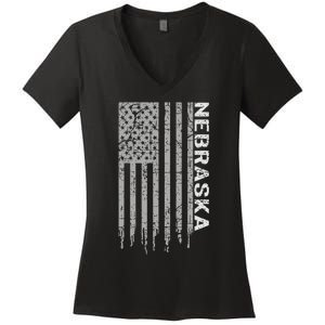 Distressed Usa Flag Patriotic American From Nebraska Women's V-Neck T-Shirt