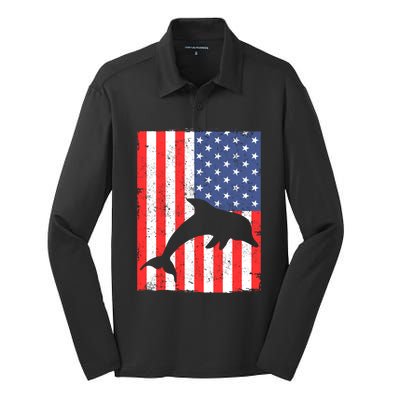 Dolphin Us Flag Independence Day Meaningful Gift Silk Touch Performance Long Sleeve Polo