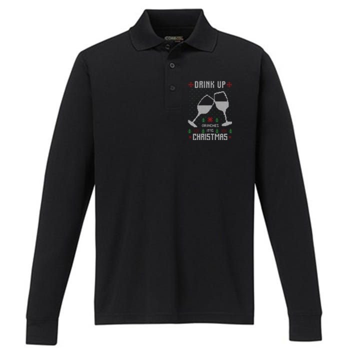 Drink Up Grinches It Is Christmas Performance Long Sleeve Polo