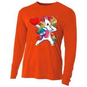 Dabbing Unicorn Heart Funny Valentines Day Gift Cooling Performance Long Sleeve Crew