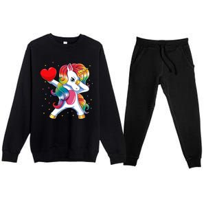 Dabbing Unicorn Heart Funny Valentines Day Gift Premium Crewneck Sweatsuit Set