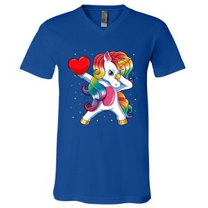 Dabbing Unicorn Heart Funny Valentines Day Gift V-Neck T-Shirt