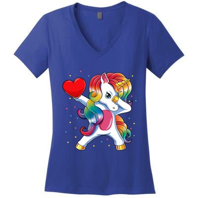 Dabbing Unicorn Heart Funny Valentines Day Gift Women's V-Neck T-Shirt