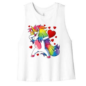 Dabbing Unicorn Heart Valentines Day Rainbow Gift Cool Gift Women's Racerback Cropped Tank