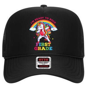 Dabbing Unicorn I'm Ready To Rock First Grade Back to School High Crown Mesh Back Trucker Hat