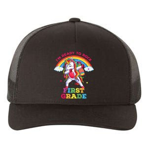 Dabbing Unicorn I'm Ready To Rock First Grade Back to School Yupoong Adult 5-Panel Trucker Hat