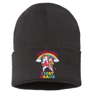 Dabbing Unicorn I'm Ready To Rock First Grade Back to School Sustainable Knit Beanie