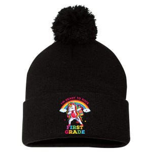 Dabbing Unicorn I'm Ready To Rock First Grade Back to School Pom Pom 12in Knit Beanie