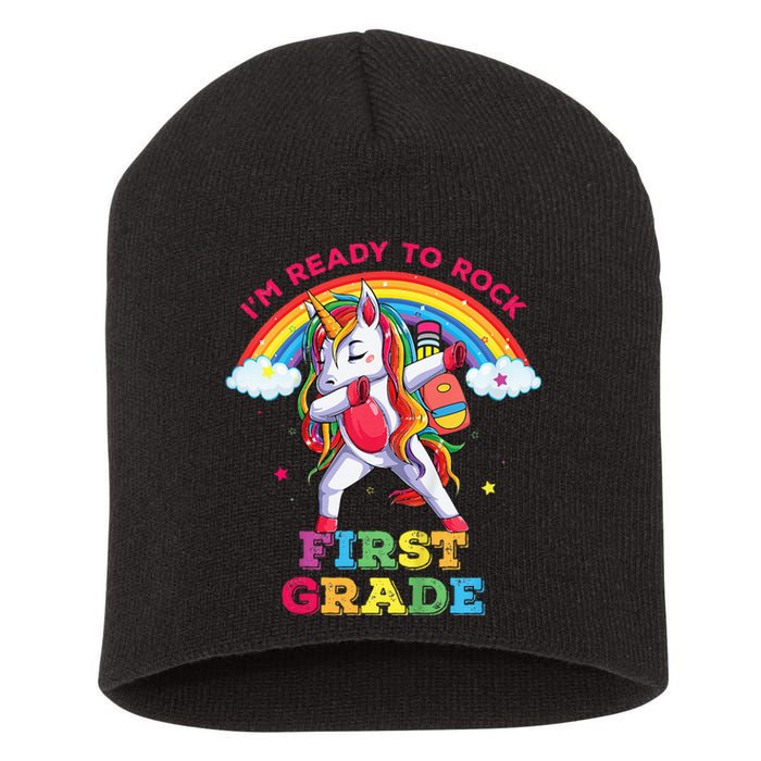 Dabbing Unicorn I'm Ready To Rock First Grade Back to School Short Acrylic Beanie