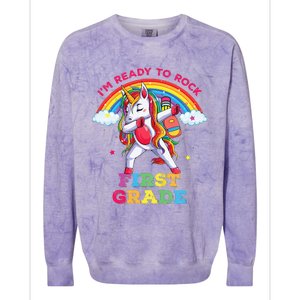 Dabbing Unicorn Im Ready To Rock First Grade Back To School Colorblast Crewneck Sweatshirt