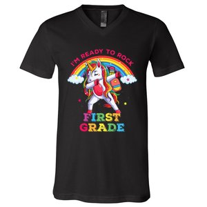 Dabbing Unicorn Im Ready To Rock First Grade Back To School V-Neck T-Shirt