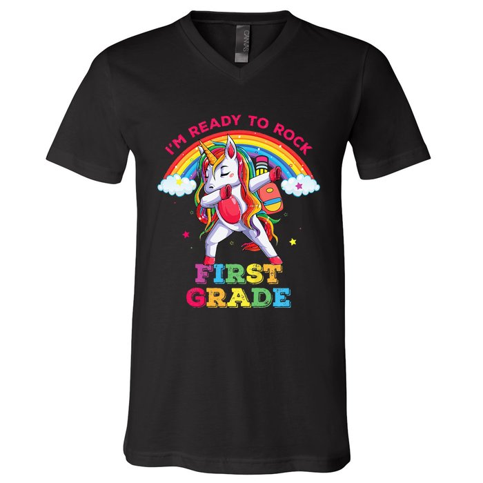 Dabbing Unicorn Im Ready To Rock First Grade Back To School V-Neck T-Shirt