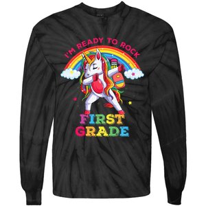 Dabbing Unicorn Im Ready To Rock First Grade Back To School Tie-Dye Long Sleeve Shirt