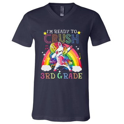 Dabbing Unicorn Im Ready To Crush 3rd Grade Back To School V-Neck T-Shirt