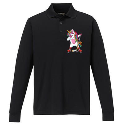 Dabbing Unicorn Ice Hockey funny ice Hockey Performance Long Sleeve Polo