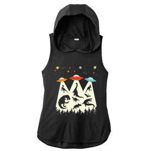 Dinosaur Ufo Lover Retro Alien Abduction Ladies PosiCharge Tri-Blend Wicking Draft Hoodie Tank