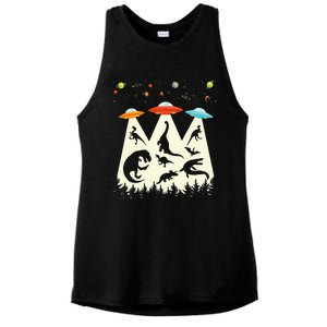 Dinosaur Ufo Lover Retro Alien Abduction Ladies PosiCharge Tri-Blend Wicking Tank