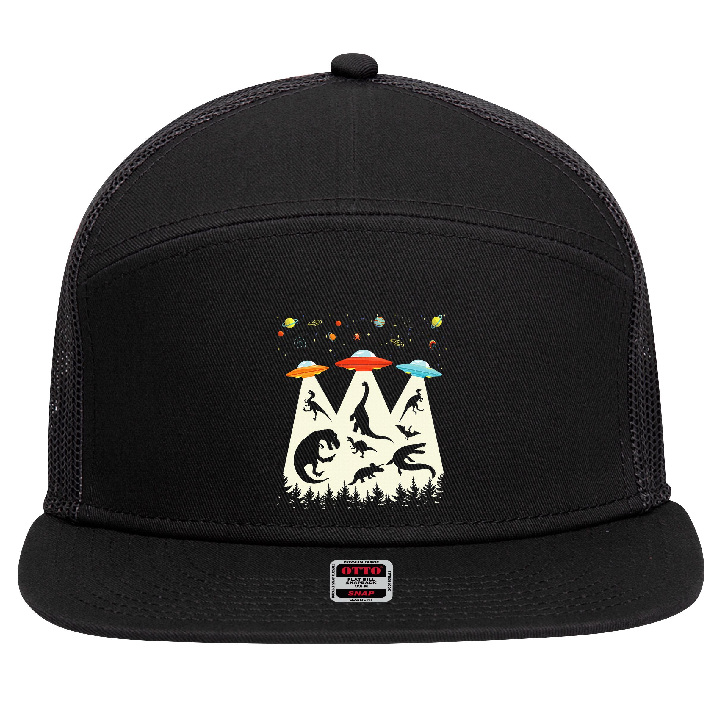 Dinosaur Ufo Lover Retro Alien Abduction 7 Panel Mesh Trucker Snapback Hat