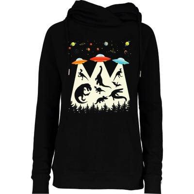 Dinosaur Ufo Lover Retro Alien Abduction Womens Funnel Neck Pullover Hood