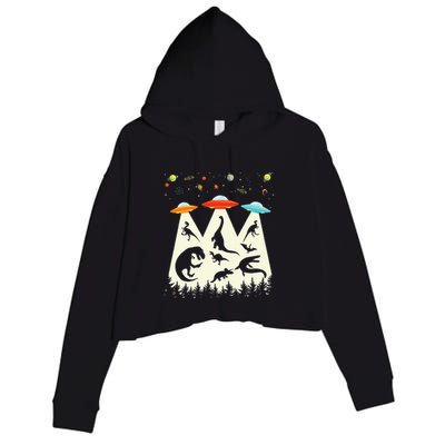 Dinosaur Ufo Lover Retro Alien Abduction Crop Fleece Hoodie