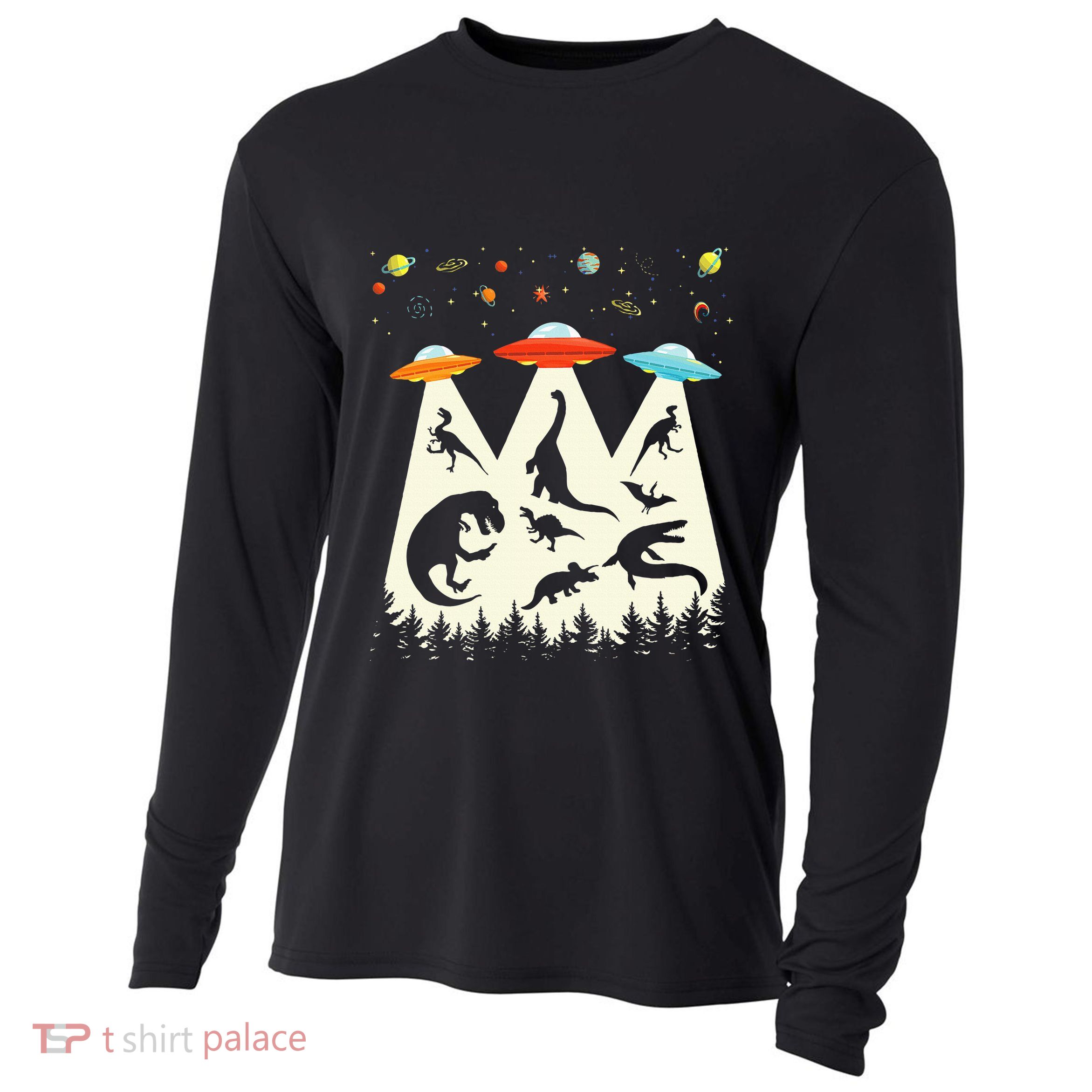 Dinosaur Ufo Lover Retro Alien Abduction Cooling Performance Long Sleeve Crew