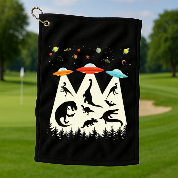 Dinosaur Ufo Lover Retro Alien Abduction Golf Towel
