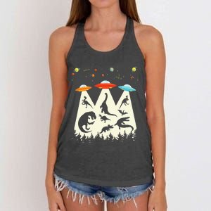 Dinosaur Ufo Lover Retro Alien Abduction Women's Knotted Racerback Tank