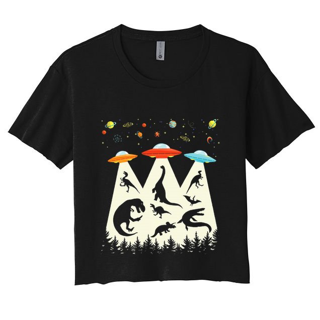 Dinosaur Ufo Lover Retro Alien Abduction Crop Top