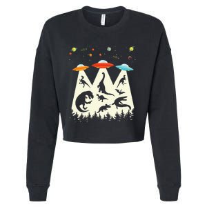 Dinosaur Ufo Lover Retro Alien Abduction Cropped Pullover Crew