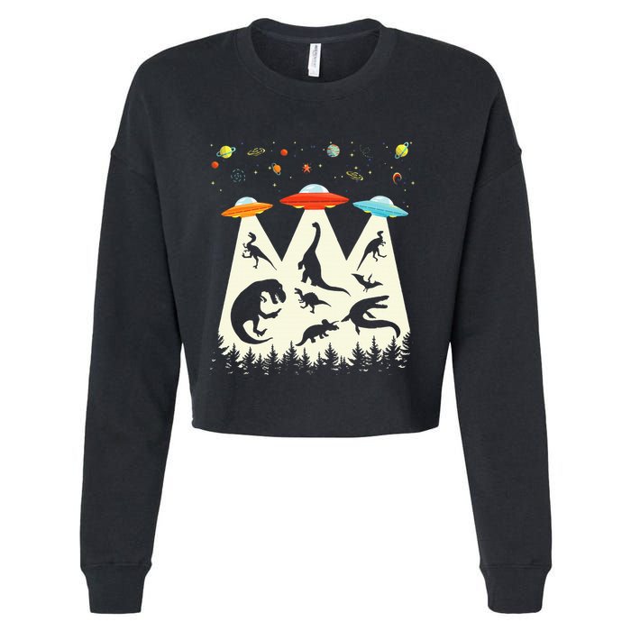 Dinosaur Ufo Lover Retro Alien Abduction Cropped Pullover Crew