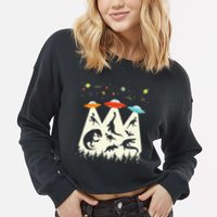 Dinosaur Ufo Lover Retro Alien Abduction Cropped Pullover Crew