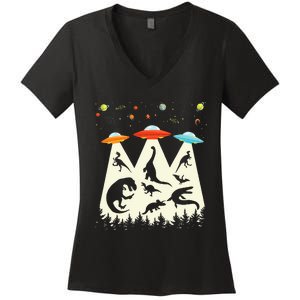 Dinosaur Ufo Lover Retro Alien Abduction Women's V-Neck T-Shirt