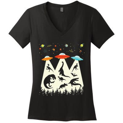 Dinosaur Ufo Lover Retro Alien Abduction Women's V-Neck T-Shirt