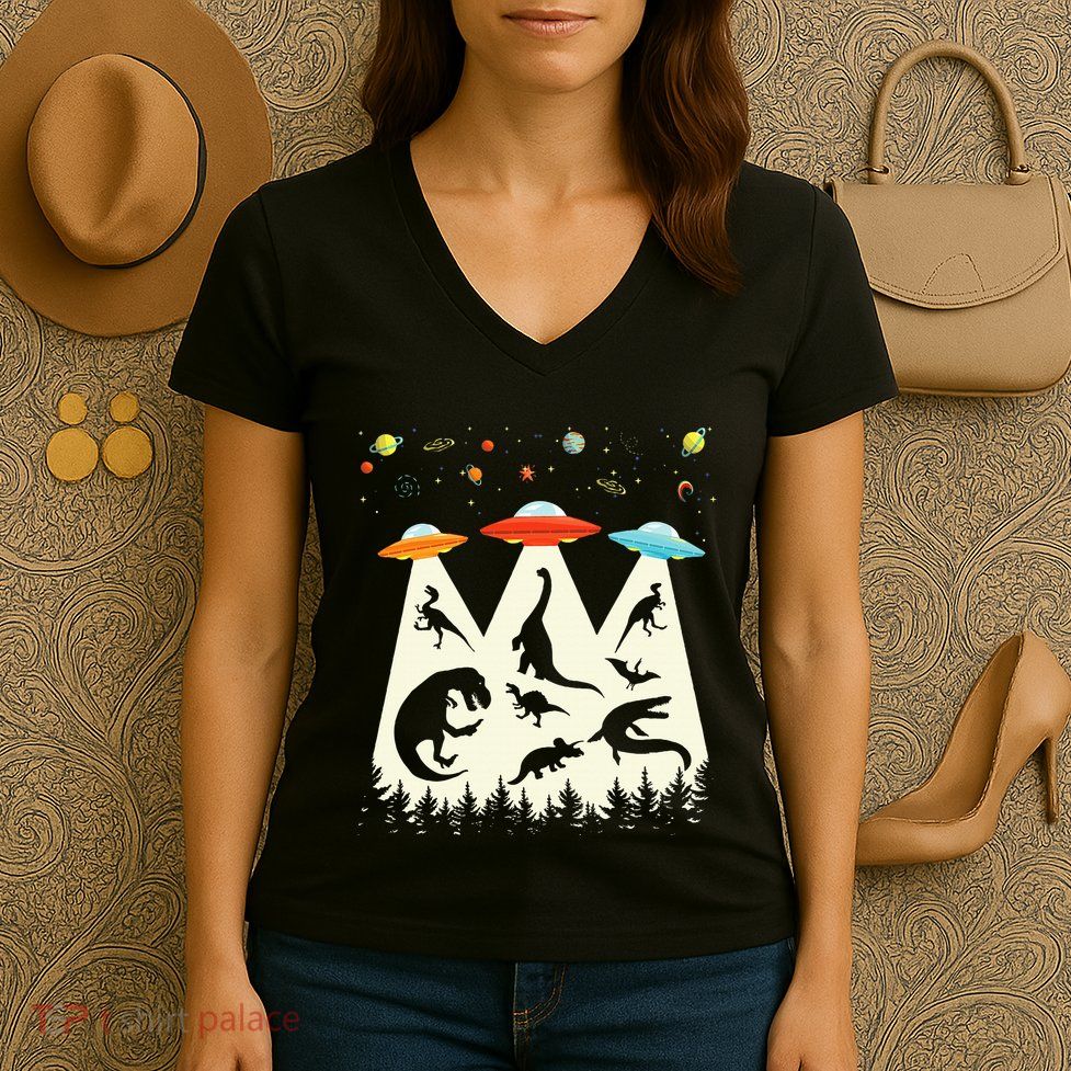 Dinosaur Ufo Lover Retro Alien Abduction Women's V-Neck T-Shirt