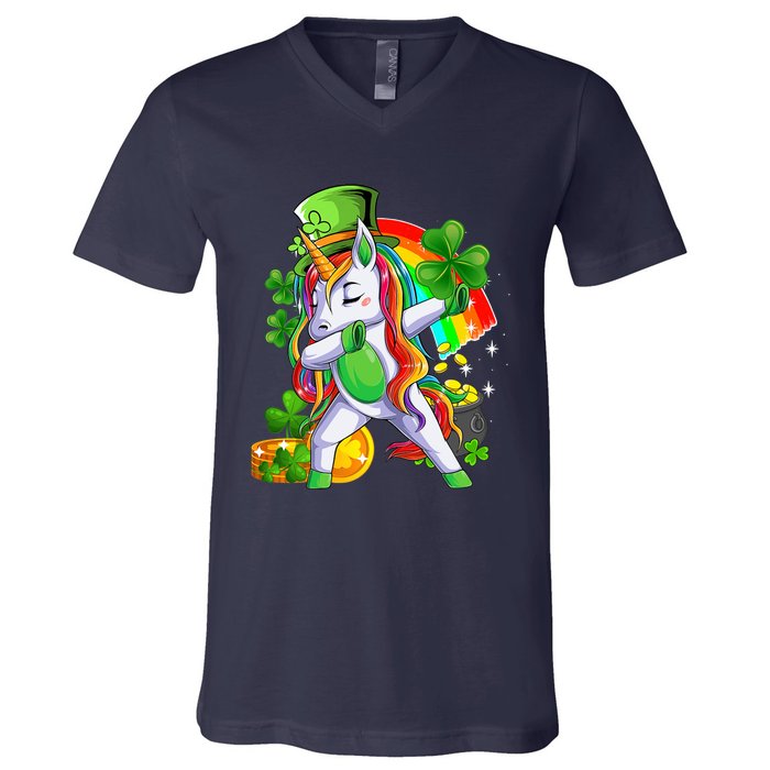 Dabbing Unicorn Leprechaun Shamrock Lepricorn Irish Girl V-Neck T-Shirt