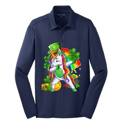 Dabbing Unicorn Leprechaun Shamrock Lepricorn Irish Girl Silk Touch Performance Long Sleeve Polo