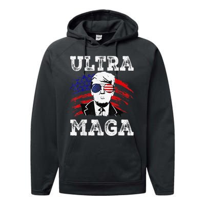 Distressed Ultra Maga Trump USA Flag Performance Fleece Hoodie