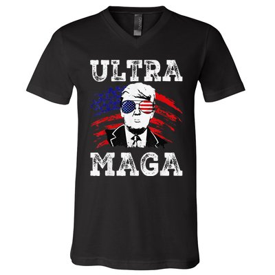 Distressed Ultra Maga Trump USA Flag V-Neck T-Shirt