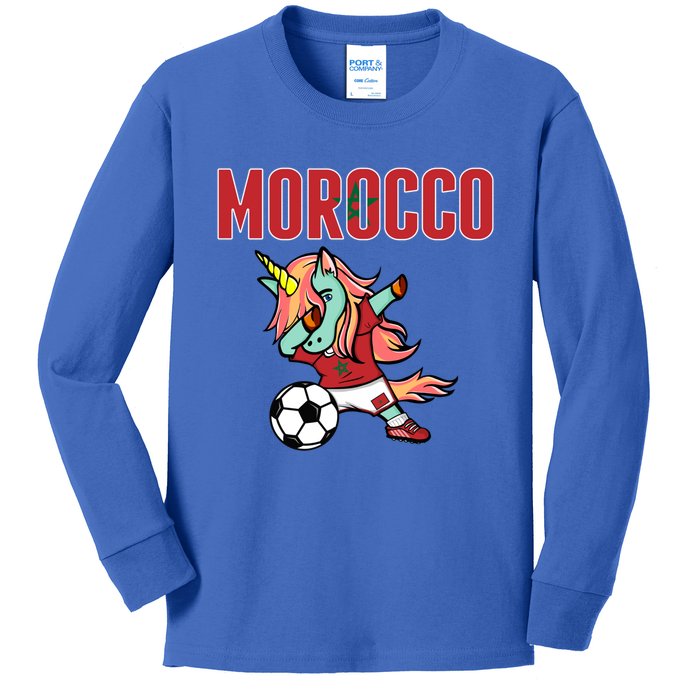 Dabbing Unicorn Morocco Soccer Fans Jersey Moroccan Flag Gift Kids Long Sleeve Shirt