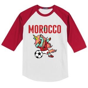 Dabbing Unicorn Morocco Soccer Fans Jersey Moroccan Flag Gift Kids Colorblock Raglan Jersey