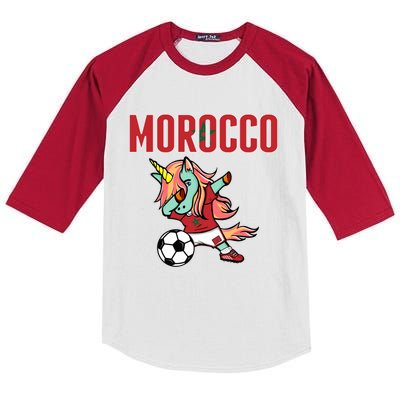 Dabbing Unicorn Morocco Soccer Fans Jersey Moroccan Flag Gift Kids Colorblock Raglan Jersey