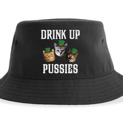 Drink Up Pussies Funny Cat Drinking St Patricks Day Sustainable Bucket Hat